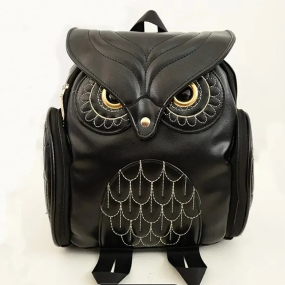 Black Owl-Design Faux Leather Unisex Backpack